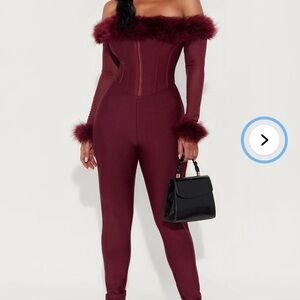 Fashion Nova Off-Shoulder Burgundy Jumpsuit with Feather Trim